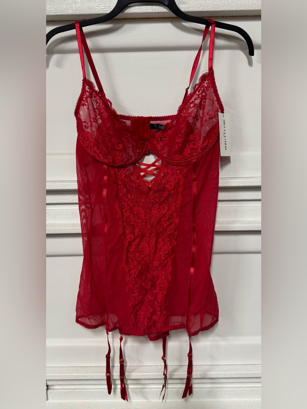 Oh La La Cheri UNLINED UNDERTRE FITTED BABYDOLL ATTACHED GARTER STRAPS 1x/2x Red